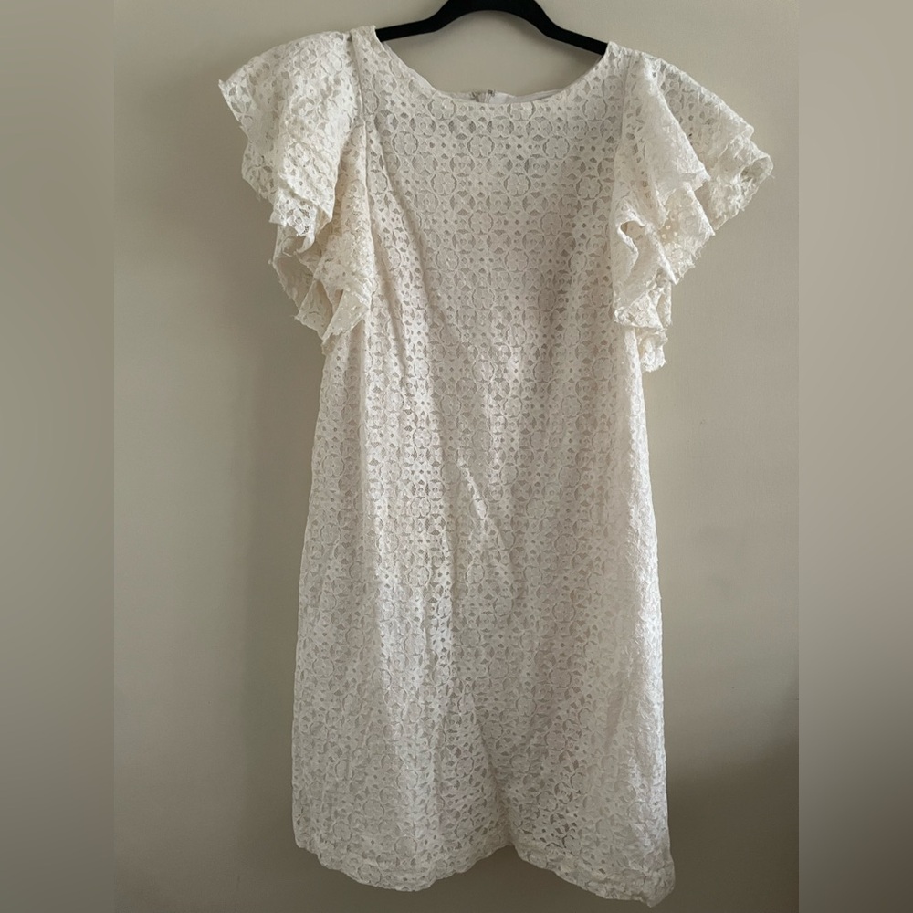 Chequer Cream Sheath Mini Dress with Flutter Cap Sleeves